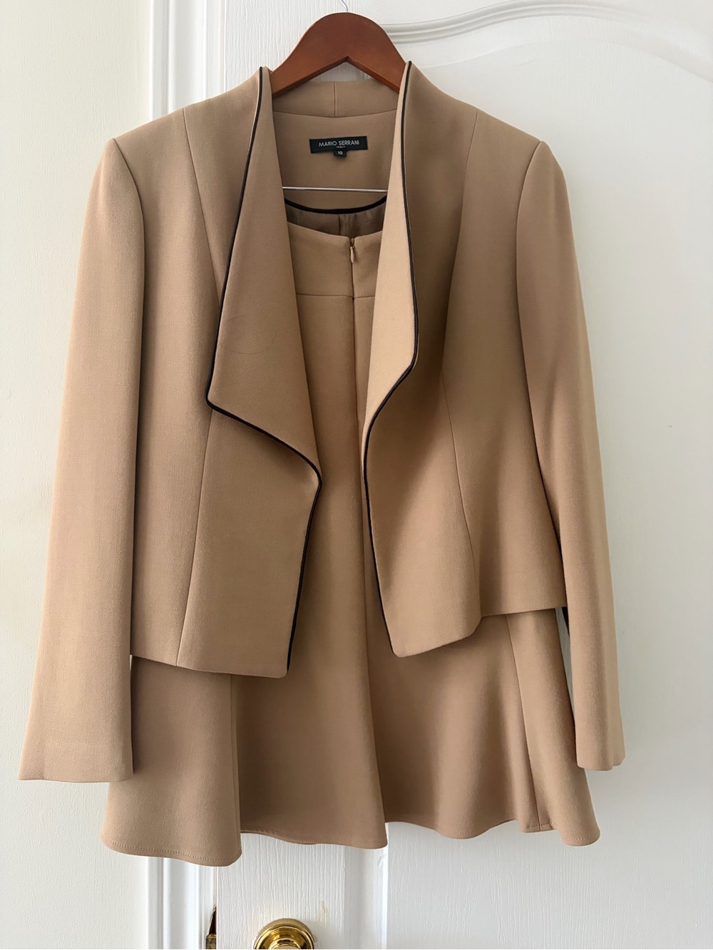 Mario Serrani Camel Open-Front Draped Blazer&Skirt with Brown Trim